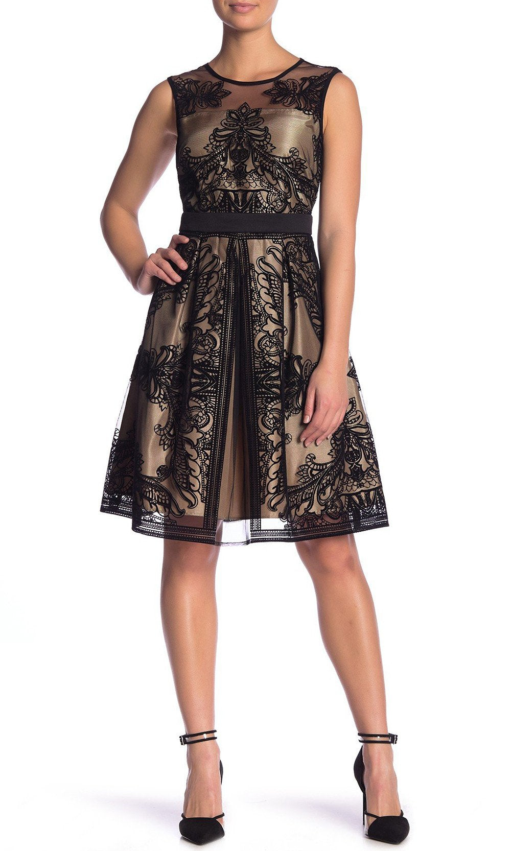 Gabby Skye - 18476M Sleeveless Velvet Embroidered A-Line Mesh Dress In Black and Gold