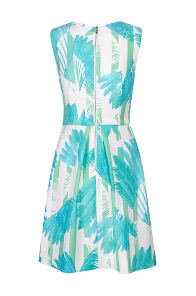 Taylor - 9766MJ Sleeveless Palm Print Pleated Dress In Blue and Print