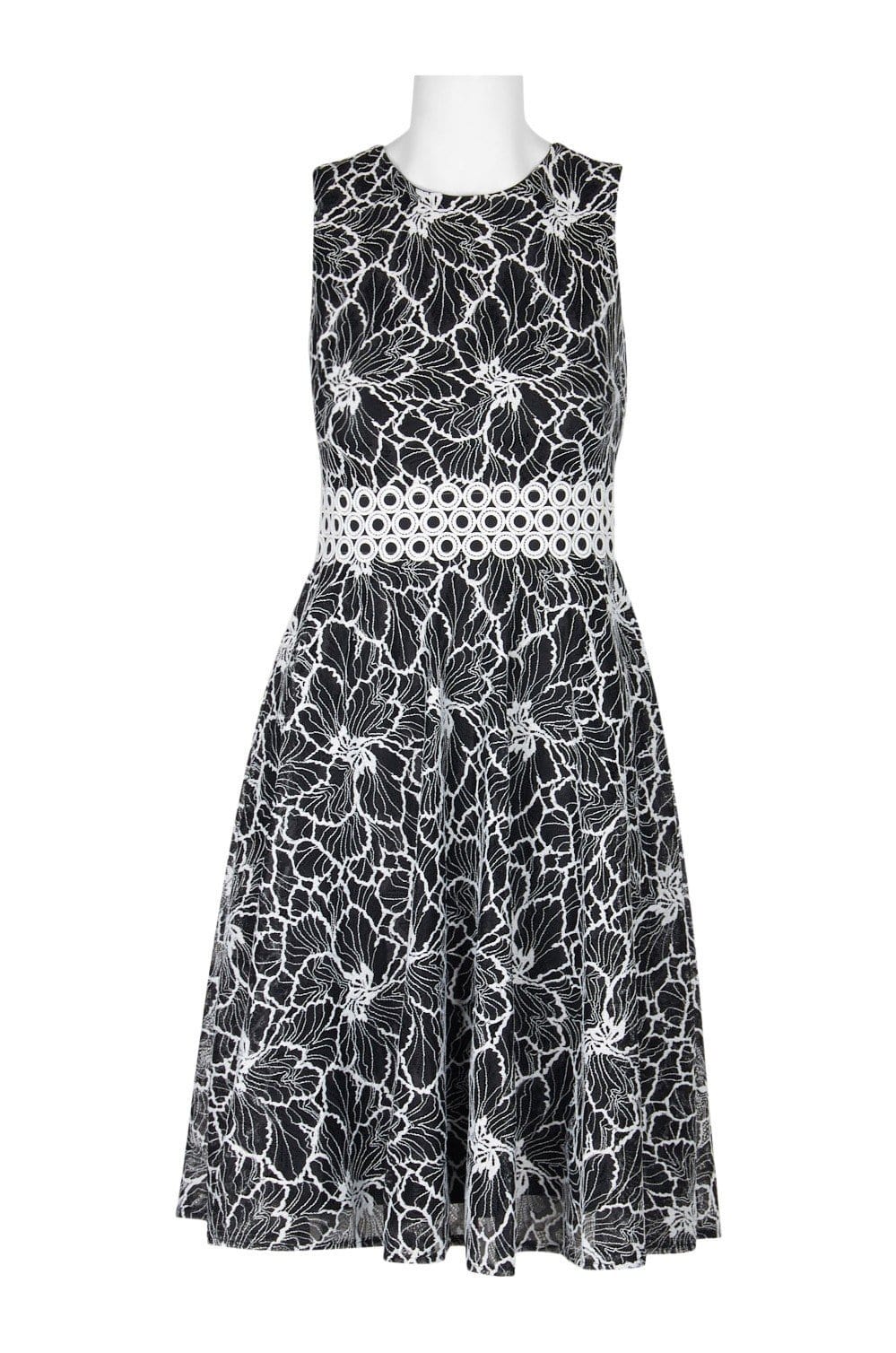 Taylor - 9777M Sleeveless Floral Print Lace Waist Dress In Black and White