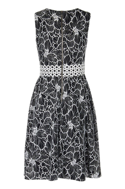 Taylor - 9777M Sleeveless Floral Print Lace Waist Dress In Black and White