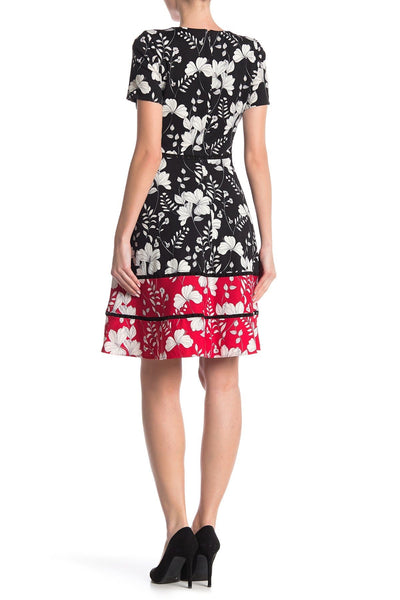 Taylor - 1204M Short Sleeves Floral Print Stretch Crepe Dress In Black and Multi-Color