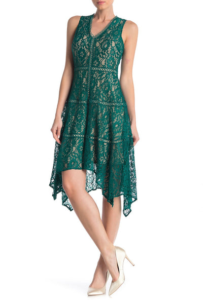 Taylor - 1219M Sleeveless Floral Lace Handkerchief Hem Dress In Green