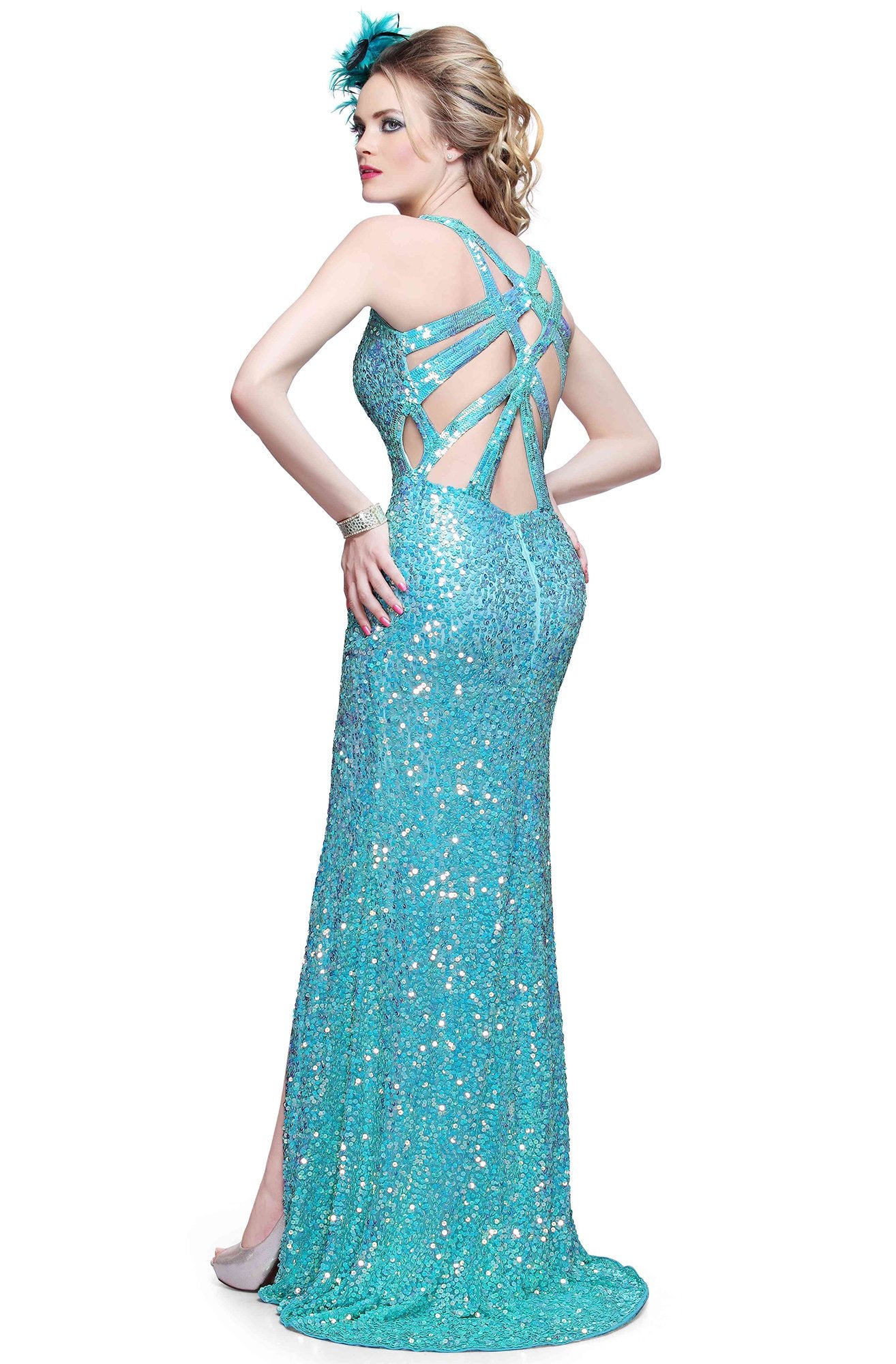 Primavera Couture - Vibrant sequined spaghetti strapped gown 9877 in Green