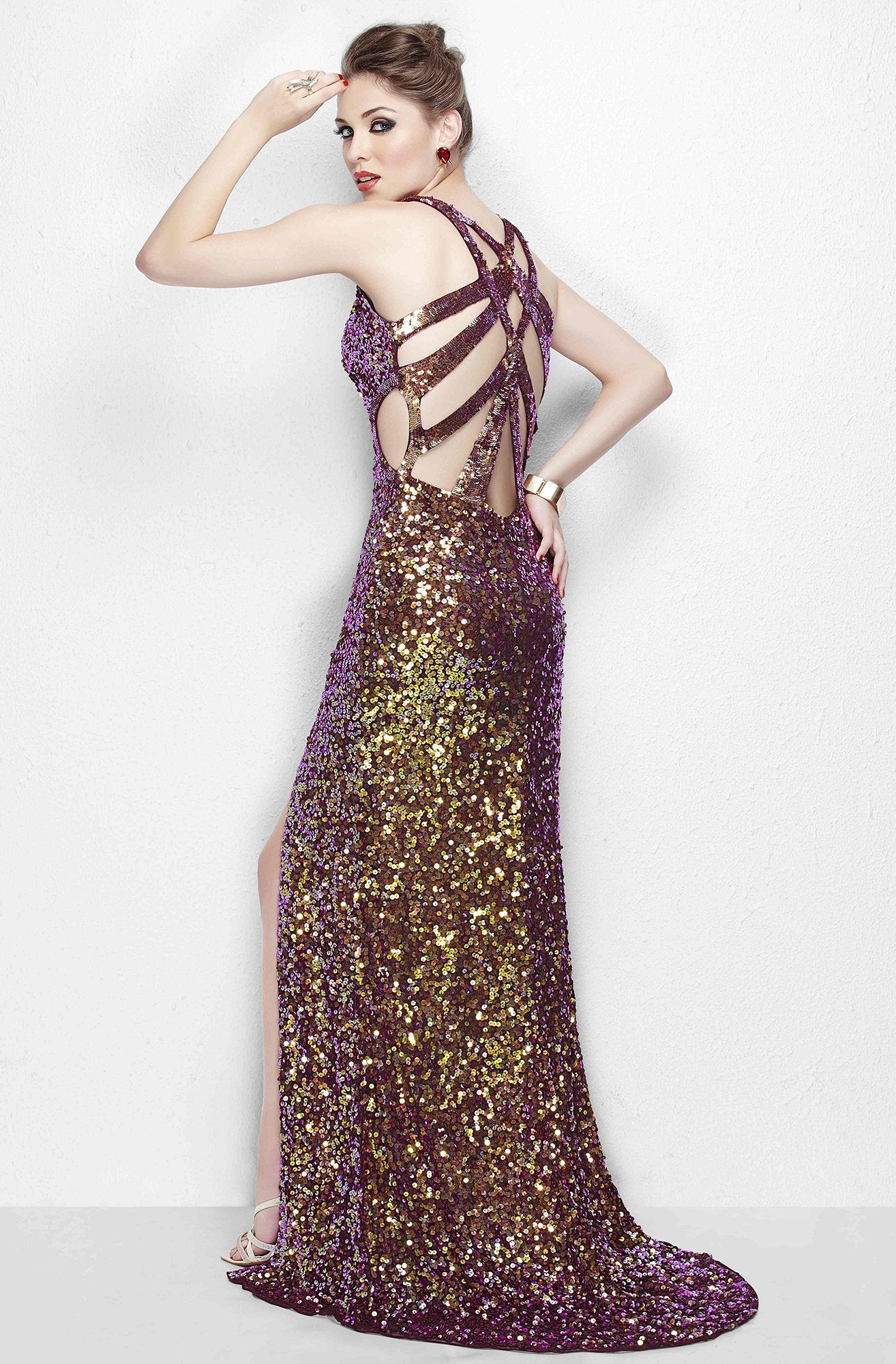 Primavera Couture - Vibrant sequined spaghetti strapped gown 9877 in Purple