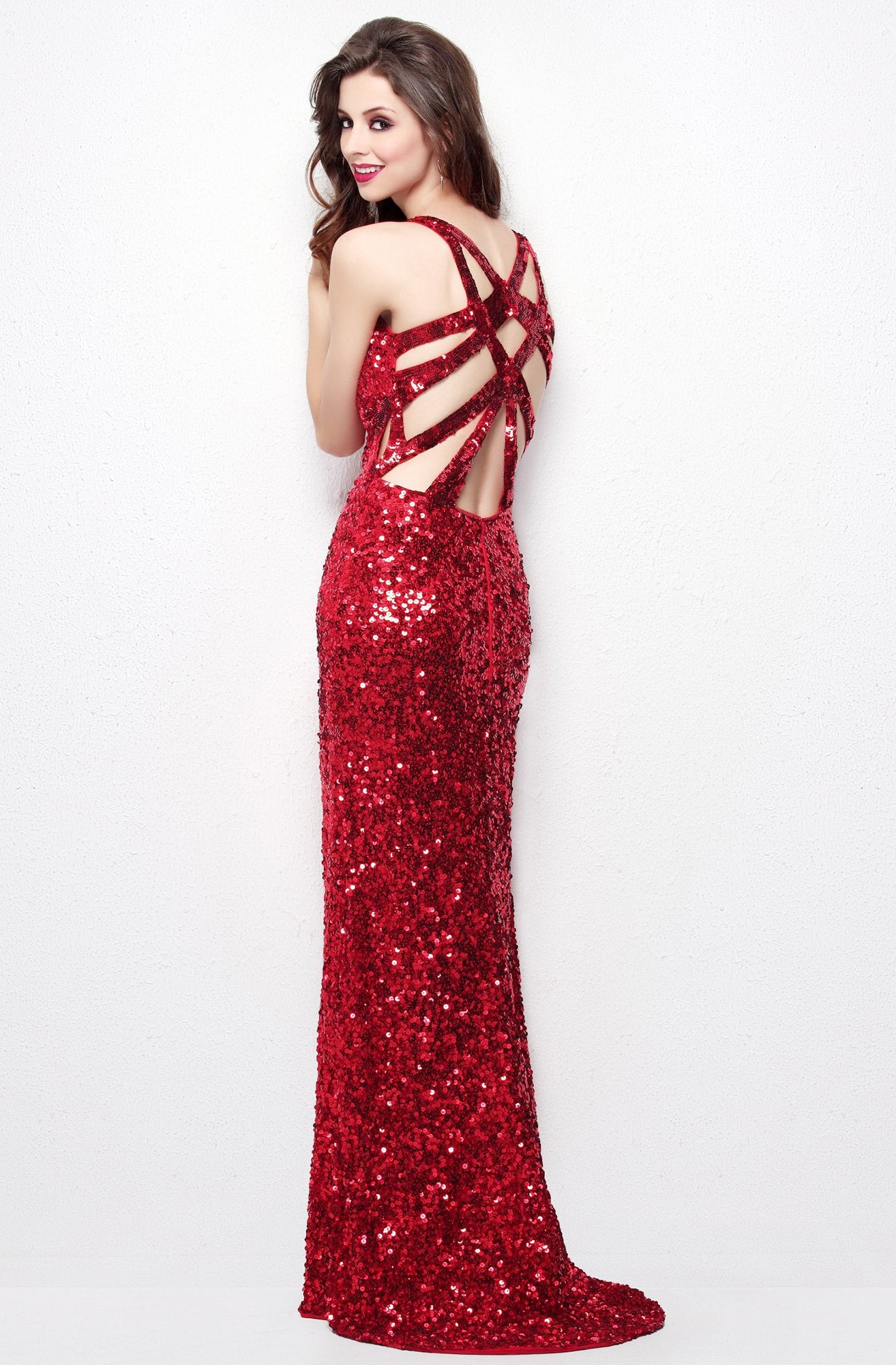 Primavera Couture - Vibrant sequined spaghetti strapped gown 9877 in Red