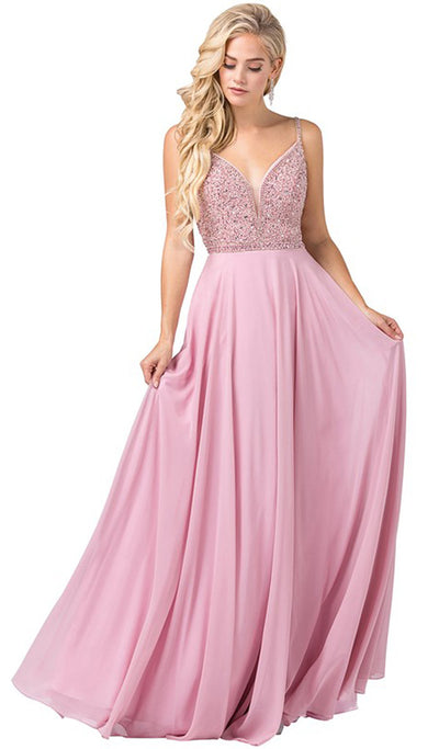 Dancing Queen - 2493 Jewel Beaded A-Line Chiffon Gown In Pink