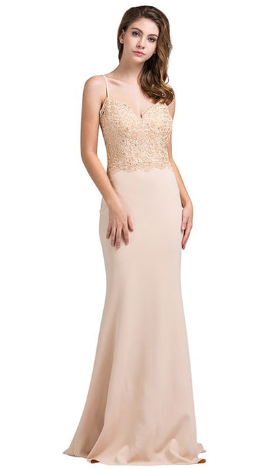 Dancing Queen - 2620 Lace V-neck Trumpet Dress In Neutral