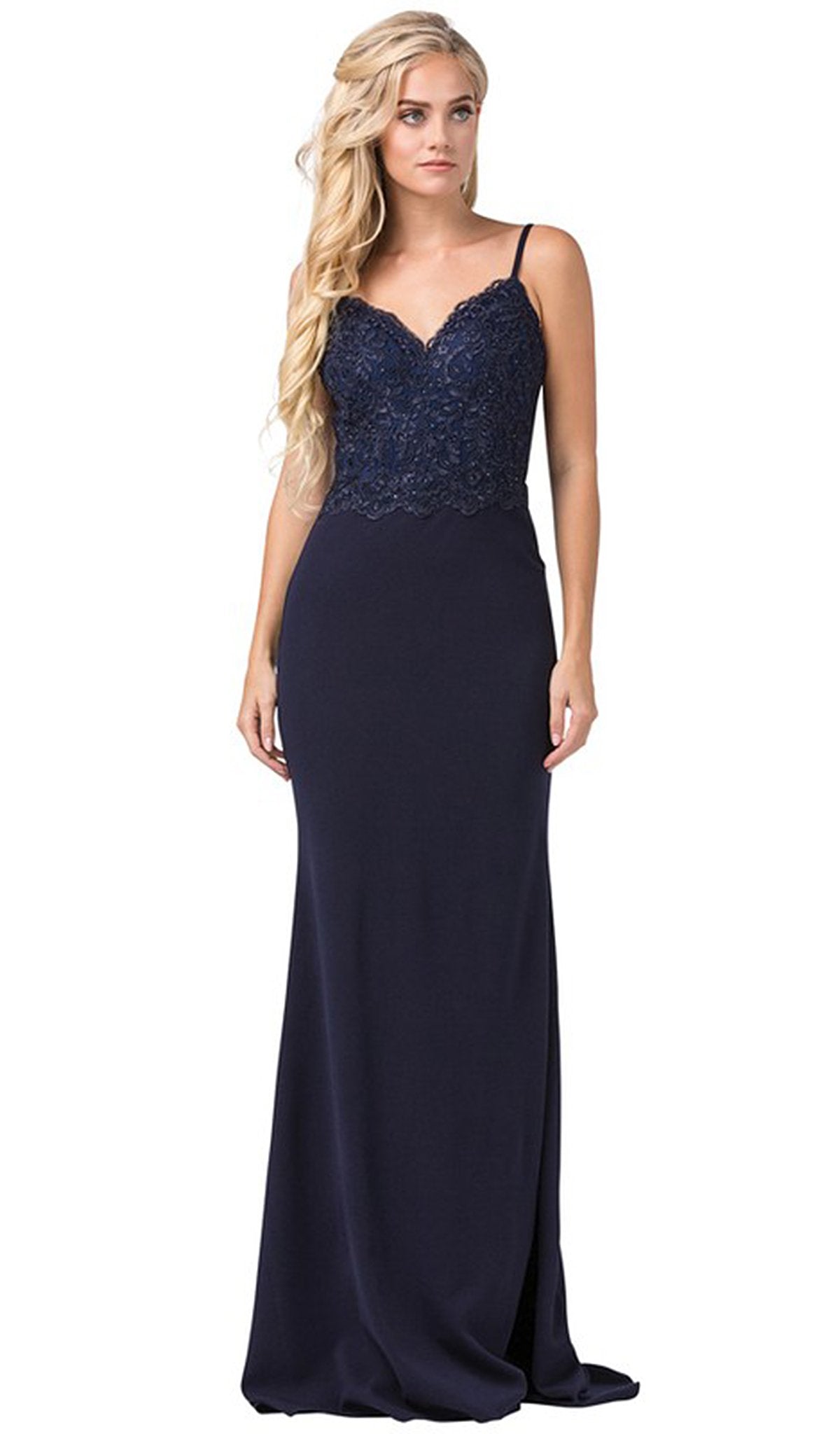 Dancing Queen - 2620 Lace V-neck Trumpet Dress In Blue