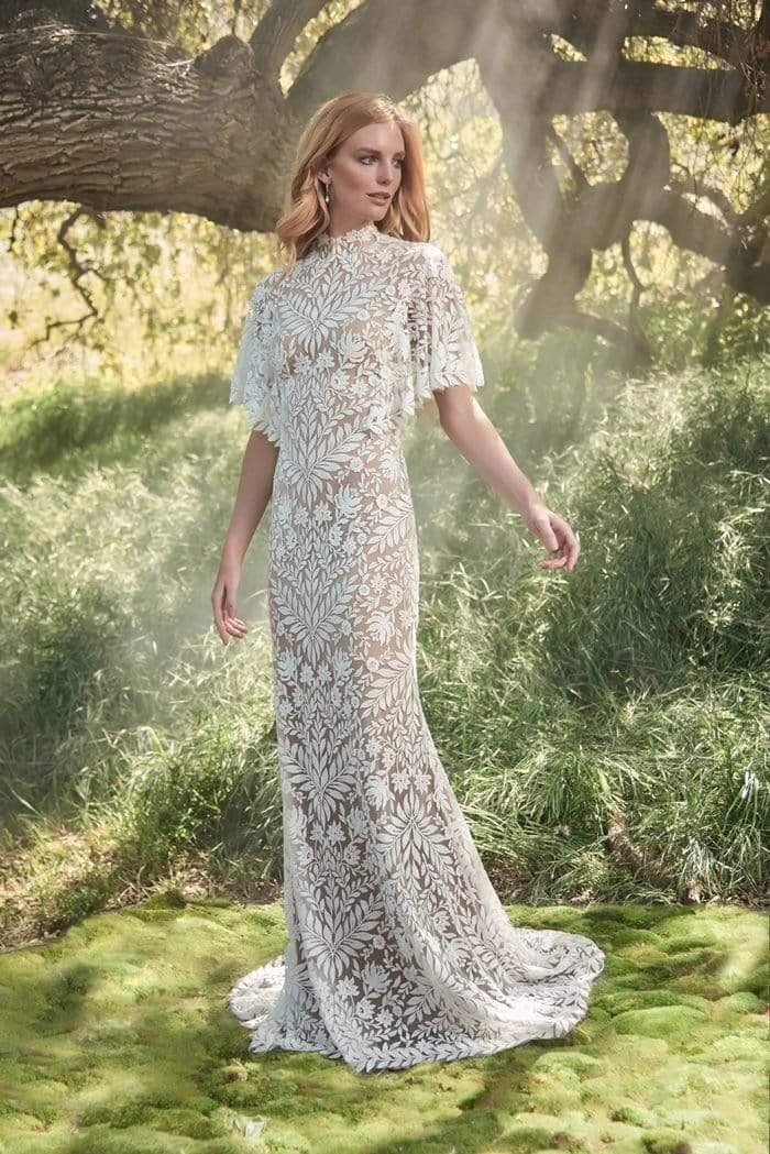 Tadashi Shoji - Embroidered Short Bell Sleeve High Neck Fitted Dress Wedding Dresses 0 / Ivory/Nude