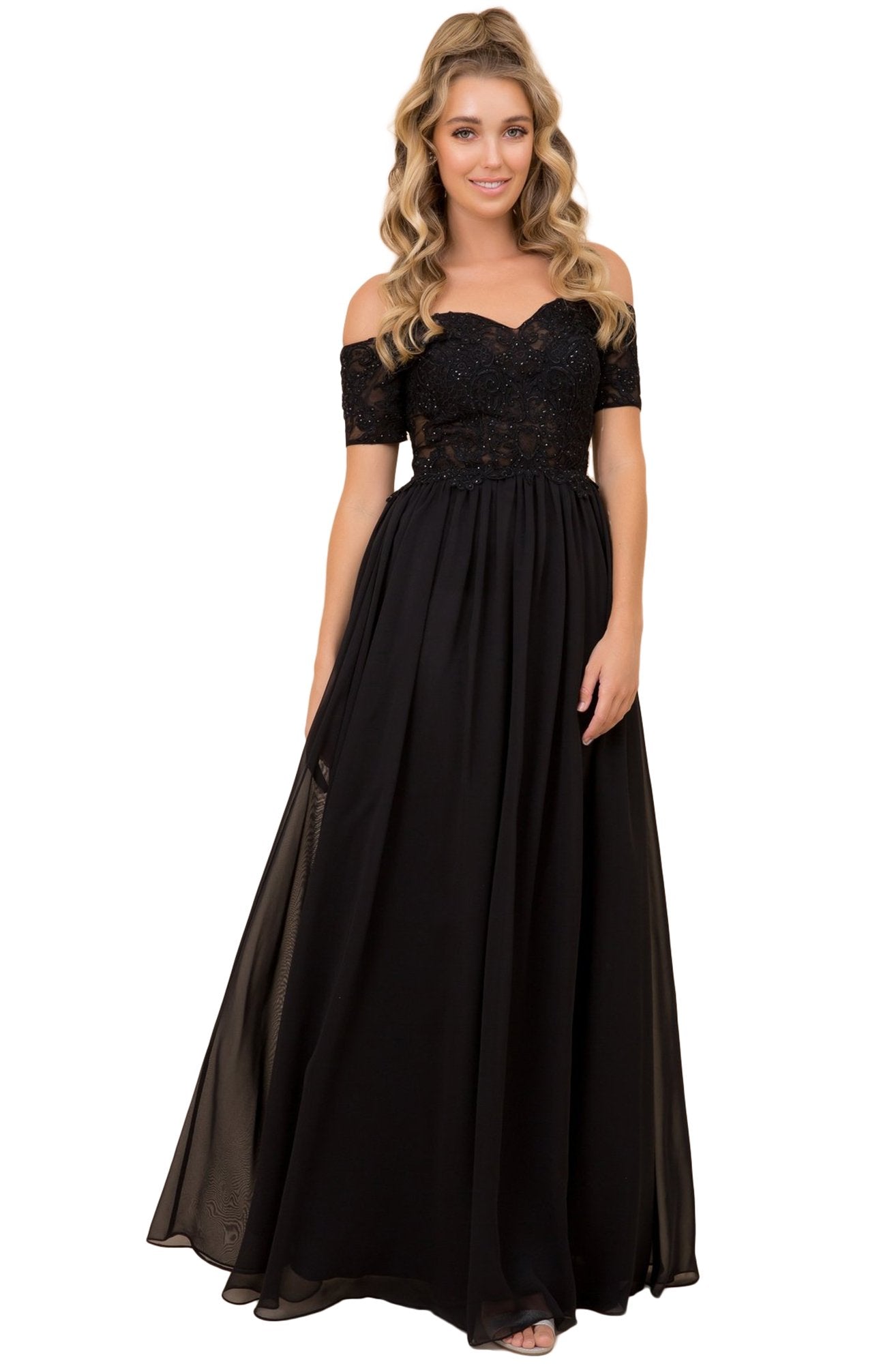 Nox Anabel - A061 Off Shoulder Lace Illusion Bodice Gown In Black