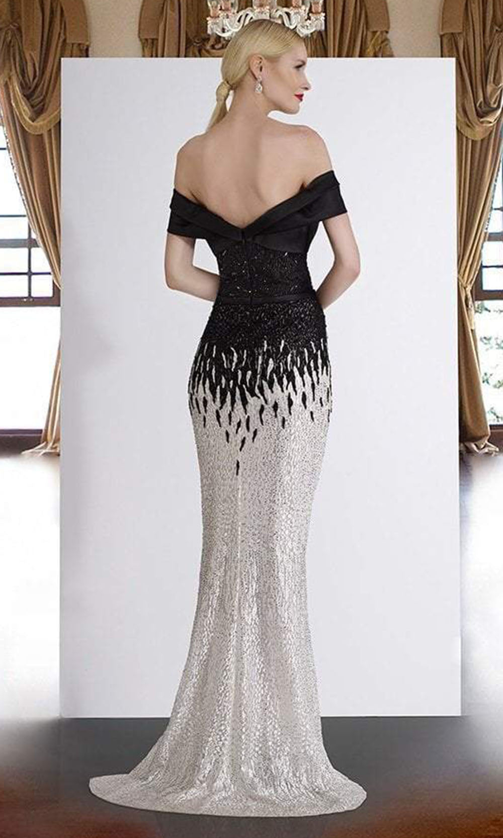 Janique - A18375SC Beaded Two Tone Off Shoulder Long Gown In White and Black