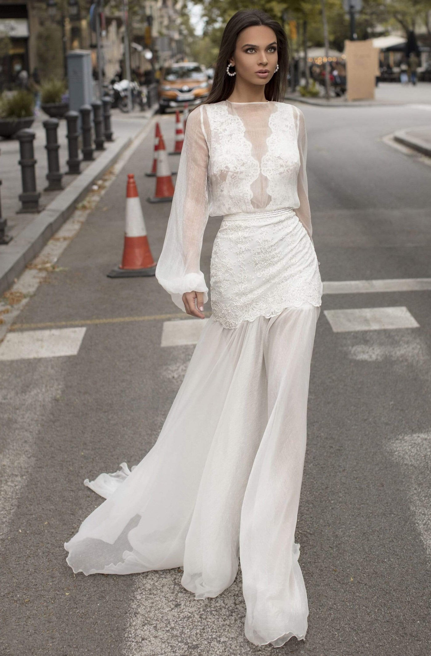 Tarik Ediz - 93957 Illusion Lace Sheath Dress Wedding Dresses 0 / Ivory