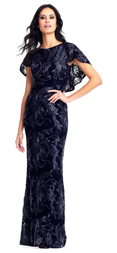 Adrianna Papell - AP1E203078 Embroidered Floral Capelet Evening Gown In Blue