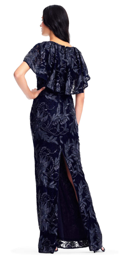 Adrianna Papell - AP1E203078 Embroidered Floral Capelet Evening Gown In Blue