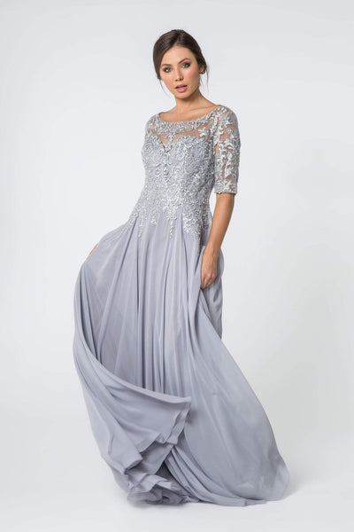 Elizabeth K - GL2811 Embroidered Quarter Length Sleeve Chiffon Dress In Silver