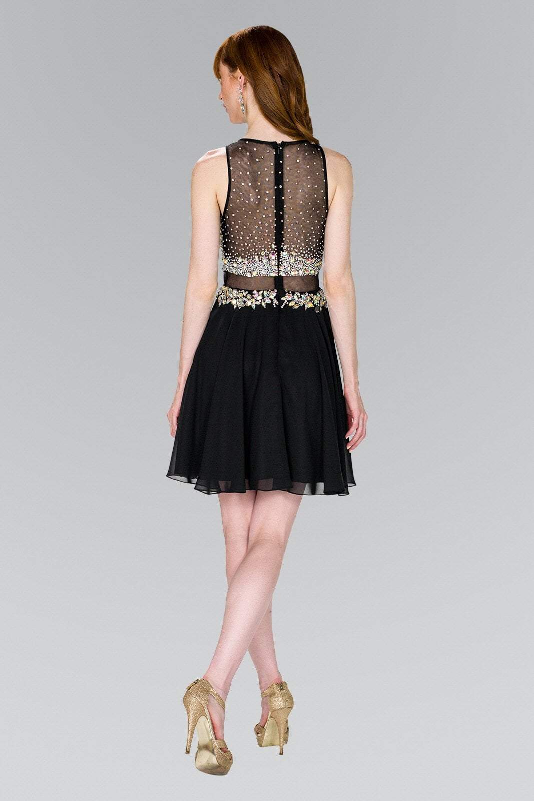 Elizabeth K - GS2401 Beaded Jewel Neck Chiffon A-line Dress in Black