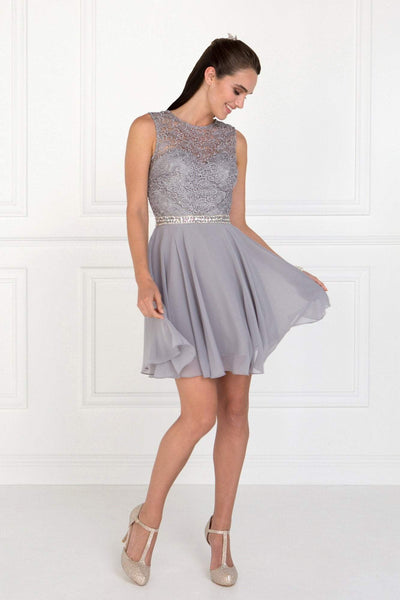Elizabeth K - GS2410 Diamond Cutout Back Lace Chiffon Cocktail Dress Special Occasion Dress XS / Silver