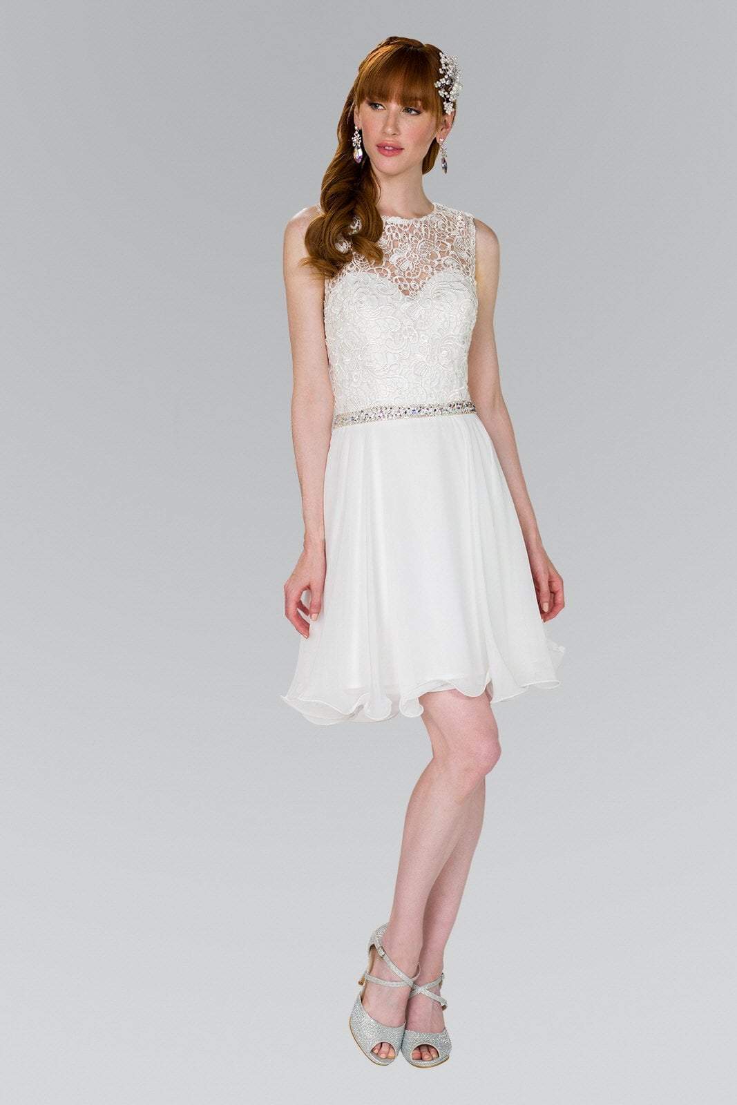 Elizabeth K - GS2410 Diamond Cutout Back Lace Chiffon Cocktail Dress Special Occasion Dress XS / White