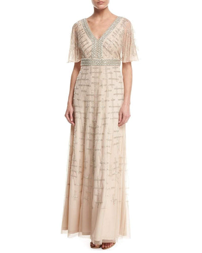 Aidan Mattox - MD1E201195 Short Flutter Sleeve Adorned Capelet Gown in Neutral and Gold