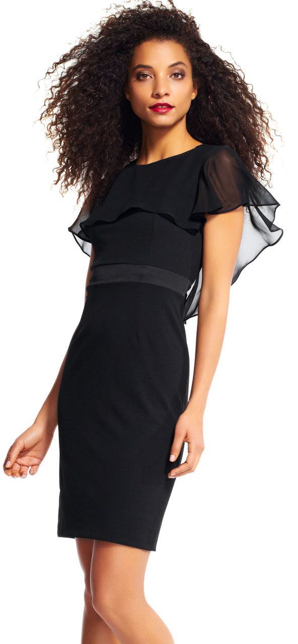 Adrianna Papell - AP1D100542 Sheer Ruffle Cape Little Black Dress in Black