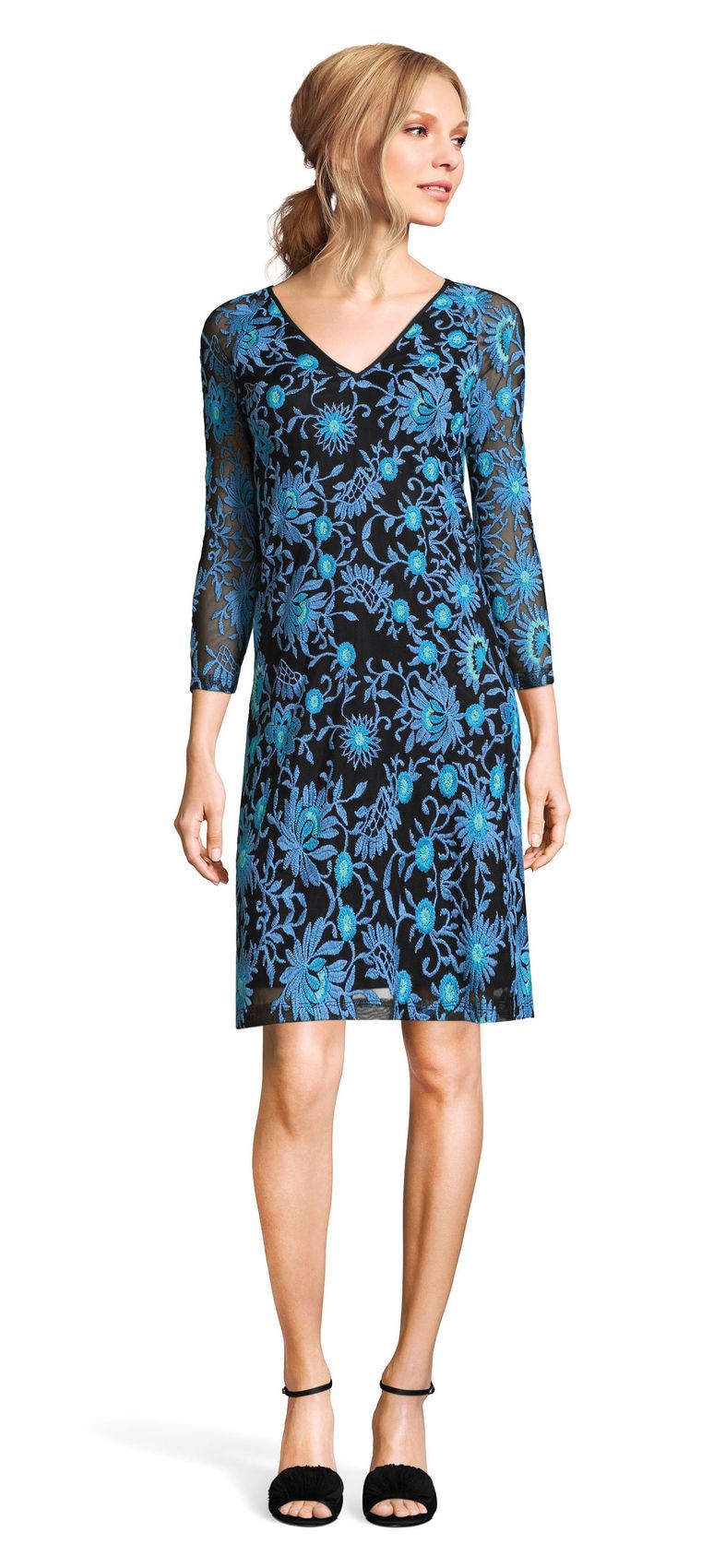 Adrianna Papell - AP1D100673 Embroidered Quarter Sleeve Sheath Dress In Blue