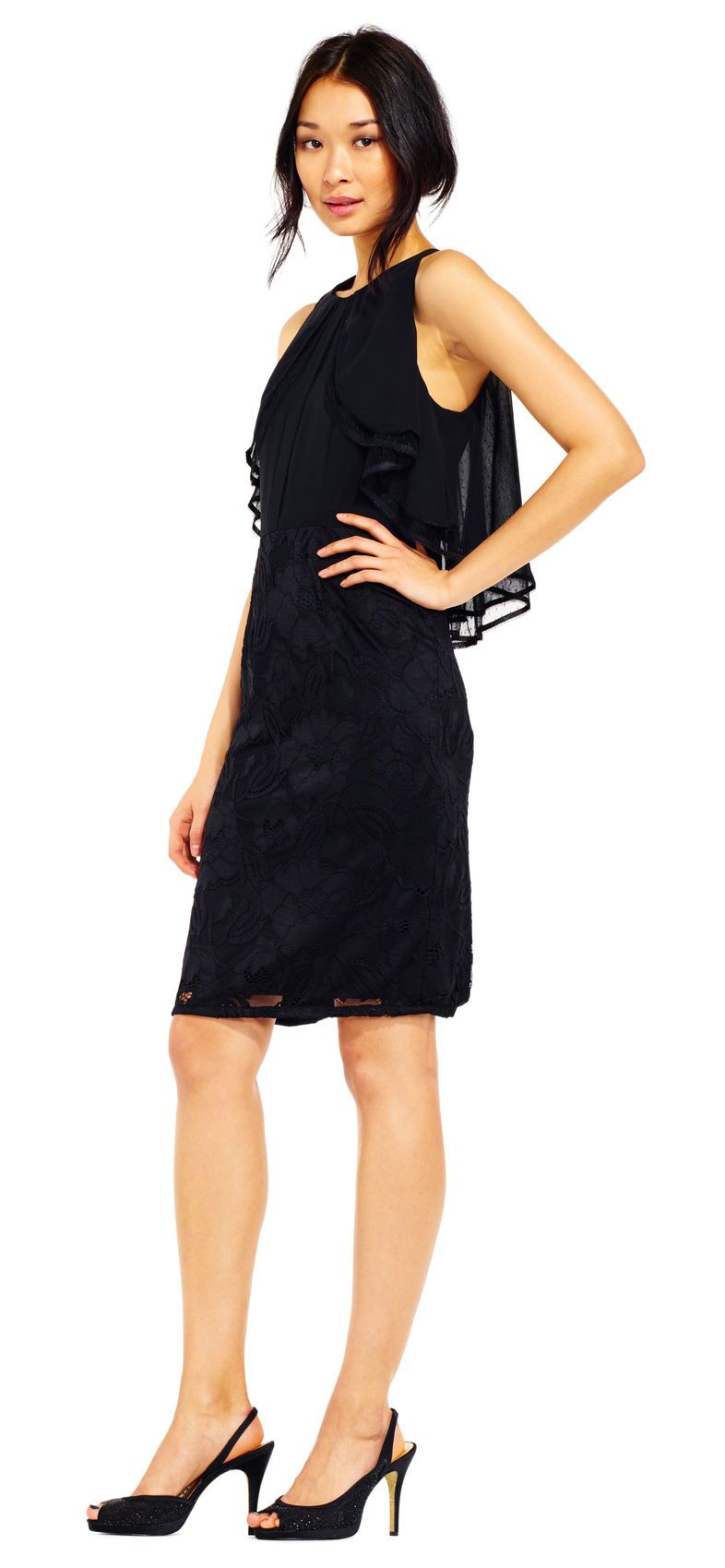 Adrianna Papell - AP1D100739 Flutter Paneled Cape Chiffon Dress In Black