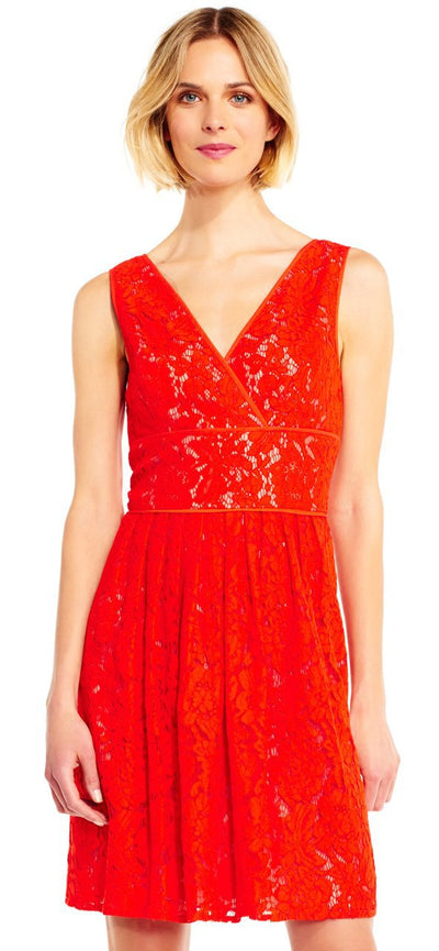 Adrianna Papell - AP1D101098 Lace V-neck A-line Dress in Red and Orange