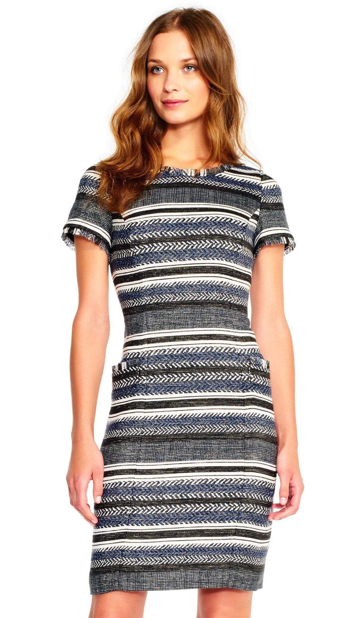 Adrianna Papell - AP1D101468 Stripe Patterned Sheath Dress With Cutout In Blue and Black