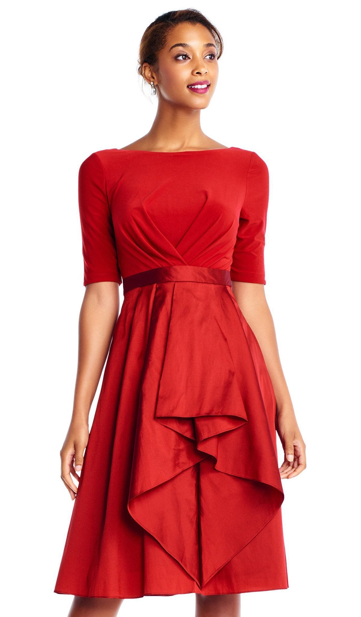 Adrianna Papell Taffeta Midi Bridesmaid Dress With Elbow Sleeves And Draped Jersey, Ae610 Size (4) Adrianna Papell Taffeta Midi Bridesmaid Dress With Elbow Sleeves And Draped Jersey, Ae610 Size (4)