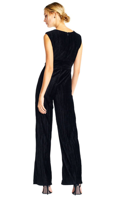 Adrianna Papell - AP1D101576 Sleeveless V-Neck Pleated Velvet Jumpsuit In Black