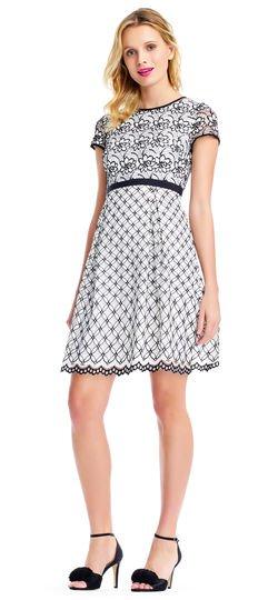 Adrianna Papell - AP1D101945 Lace Jewel Neck A-line Dress In White and Black