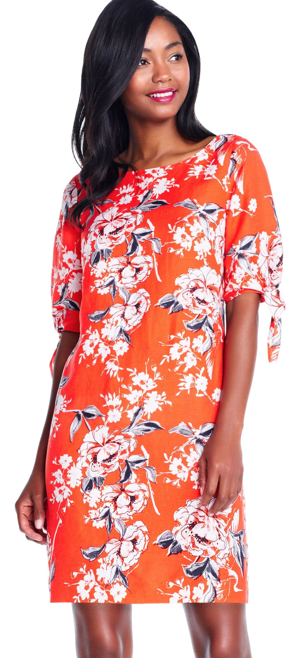 Adrianna Papell - AP1D102267 Floral Print Sleeves Tie Dress In Orange and Multi-Color