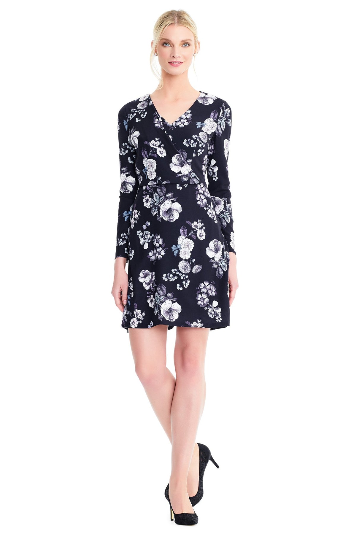 Adrianna Papell - AP1D102578 Floral Faux Wrap Cocktail Dress In Black and Multi-Color