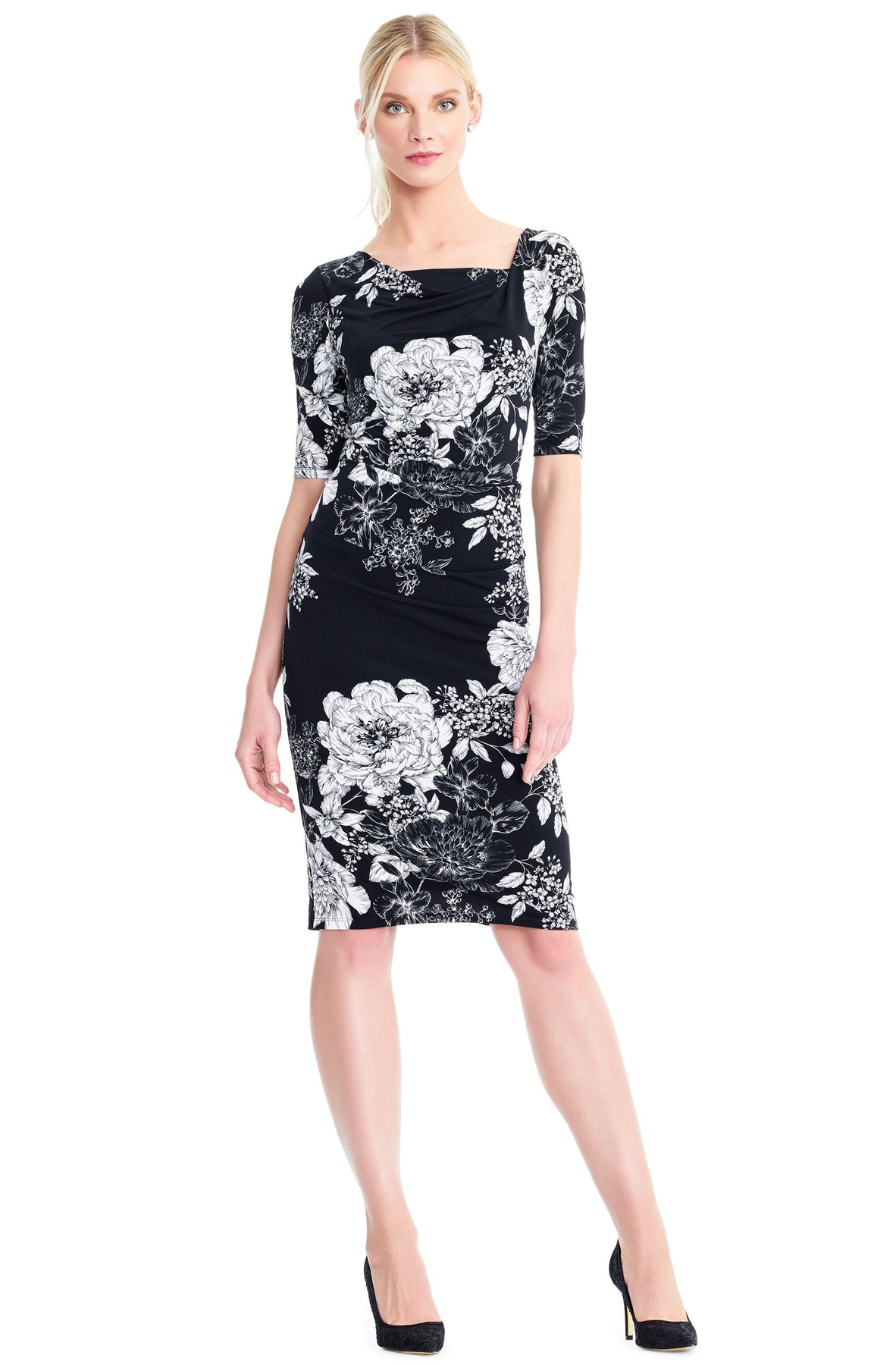 Adrianna Papell - AP1D102629 Floral Square Cocktail Dress In Black and White