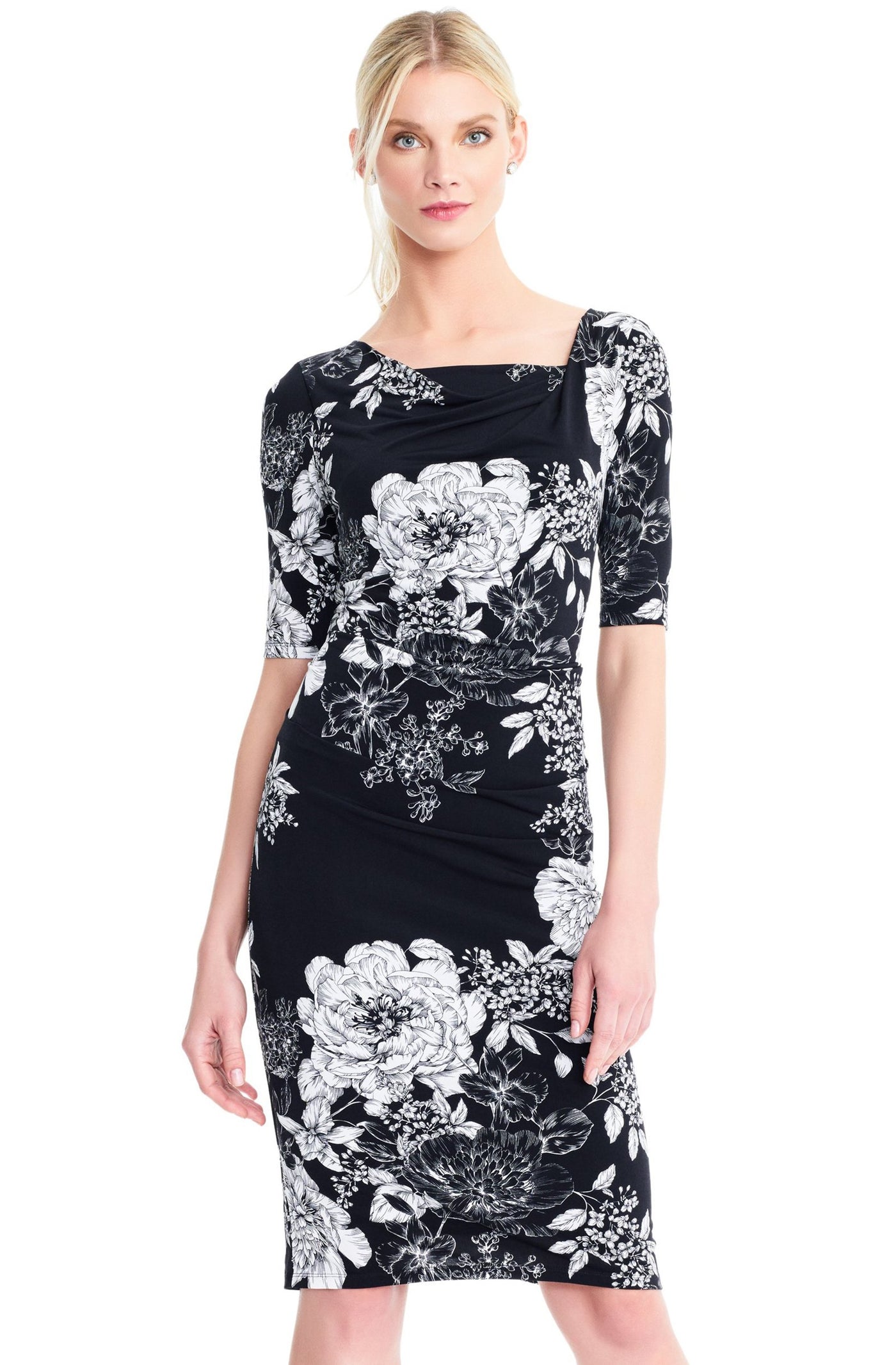 Adrianna Papell - AP1D102629 Floral Square Cocktail Dress In Black and White