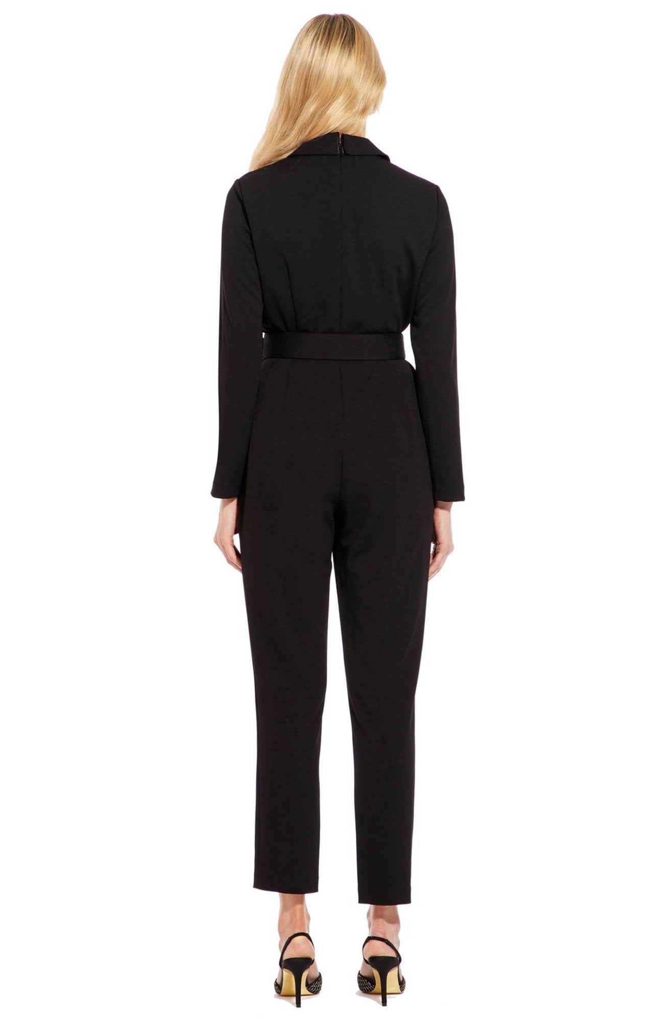 Adrianna Papell - AP1D102936 Collared V-neck Stretch Crepe Jumpsuit In Black