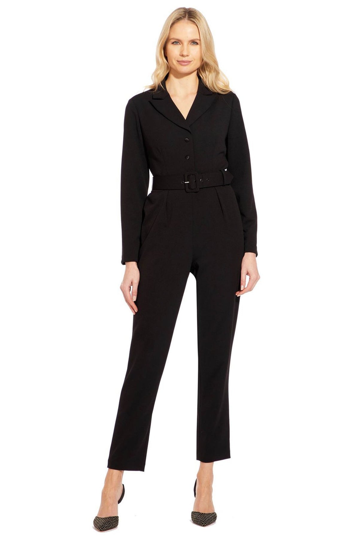 Adrianna Papell - AP1D102936 Collared V-neck Stretch Crepe Jumpsuit In Black