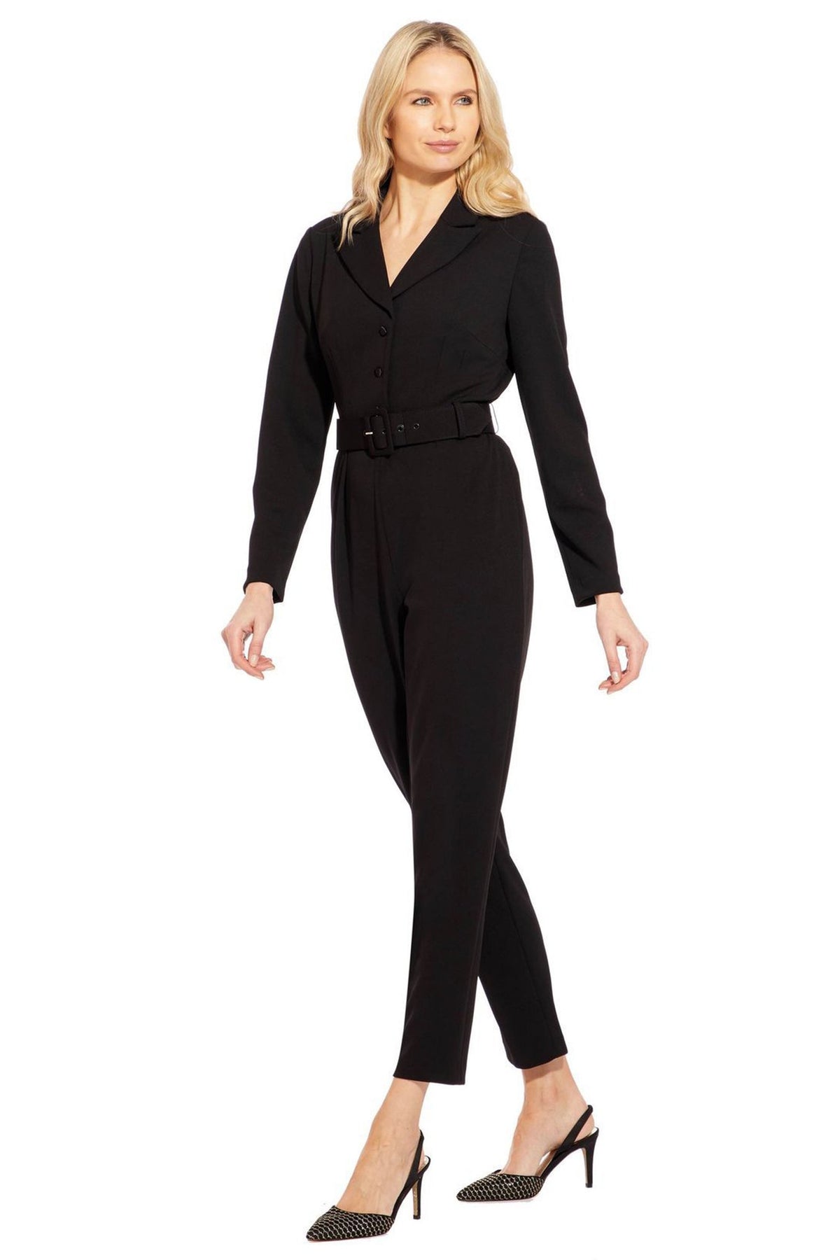 Adrianna Papell - AP1D102936 Collared V-neck Stretch Crepe Jumpsuit In Black