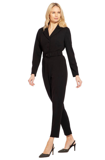 Adrianna Papell - AP1D102936 Collared V-neck Stretch Crepe Jumpsuit In Black