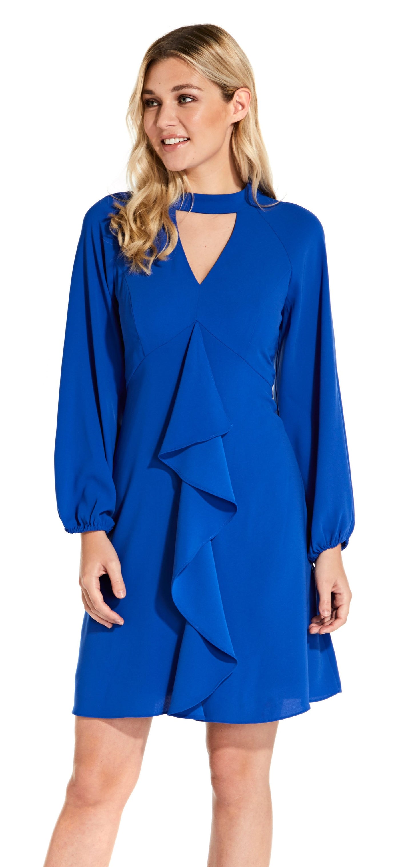 Adrianna Papell - AP1D103006 Ruffled Jewel Long Sleeves Cocktail Dress In Blue