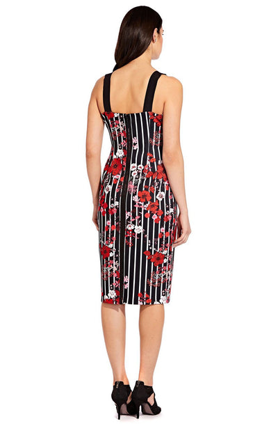 Adrianna Papell - AP1D103092 Printed Scuba Square Neck Fitted Dress In Black and Multi-Color