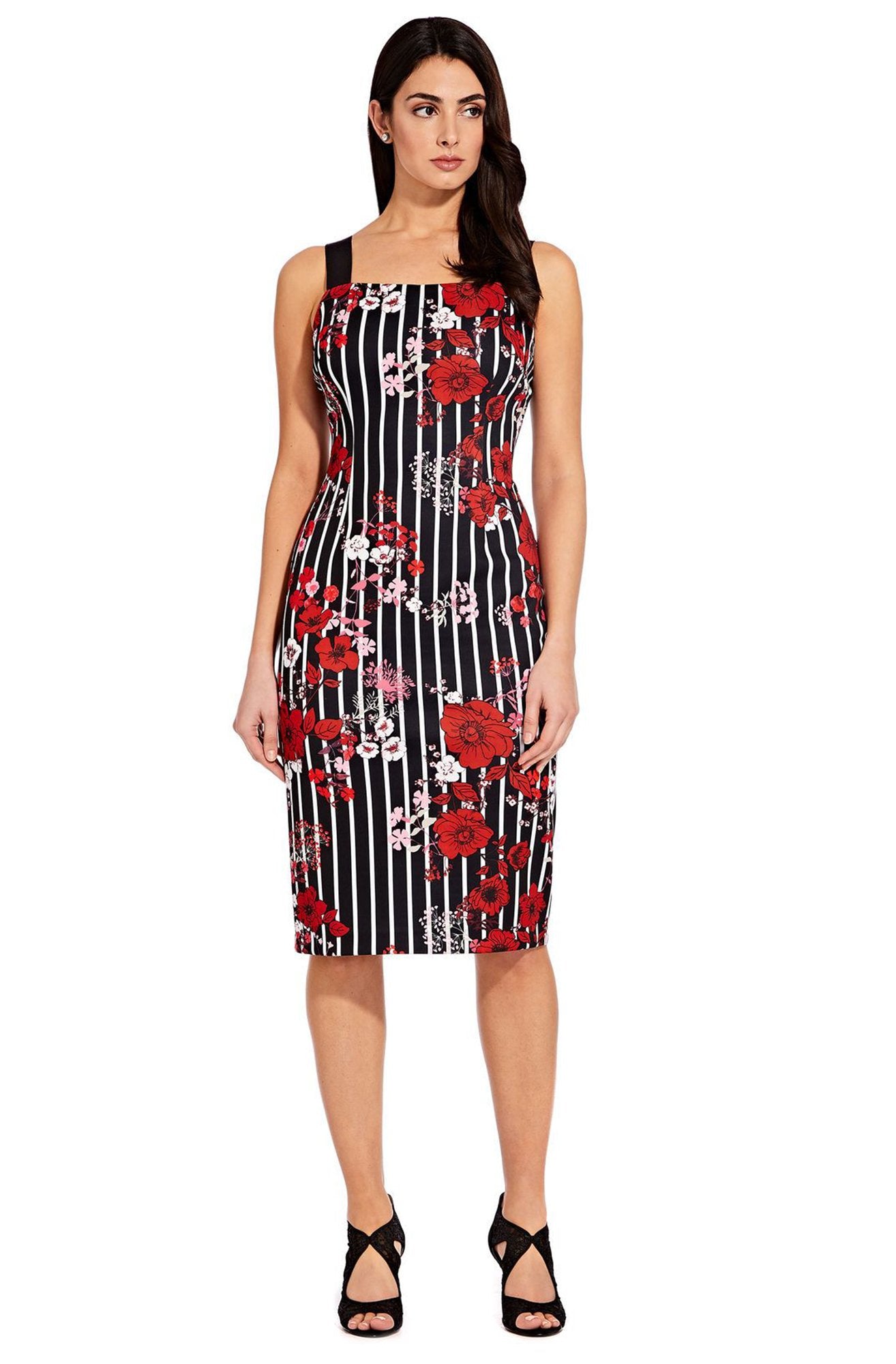 Adrianna Papell - AP1D103092 Printed Scuba Square Neck Fitted Dress In Black and Multi-Color