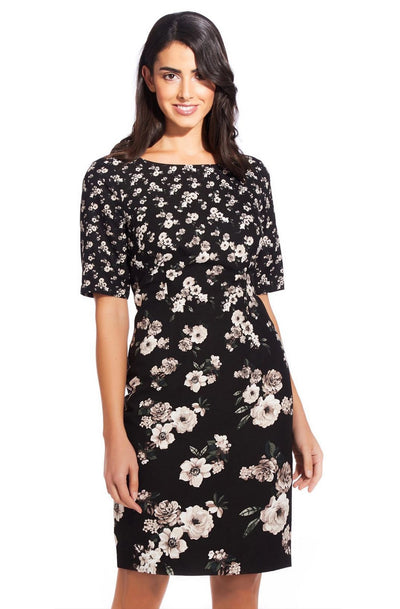 Adrianna Papell - AP1D103163 Floral Print Bateau Sheath Dress In Black and Multi-Color