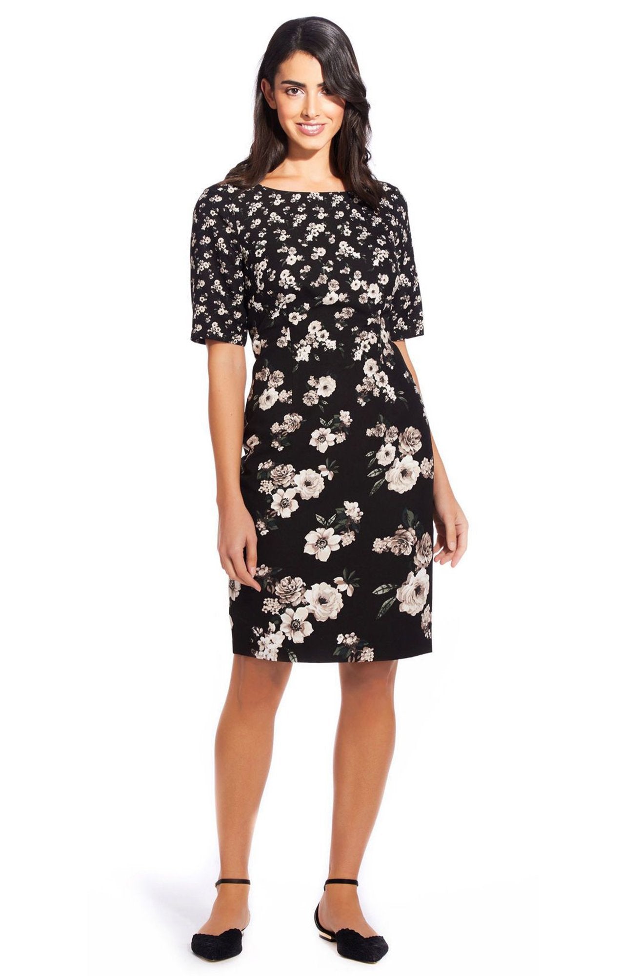 Adrianna Papell - AP1D103163 Floral Print Bateau Sheath Dress In Black and Multi-Color