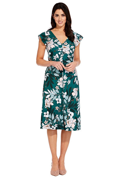Adrianna Papell - AP1D103197 Floral Print Cap Sleeve V-neck Dress In Green and Multi-Color