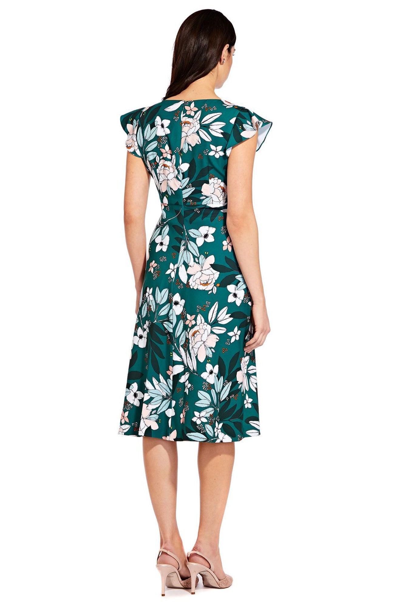 Adrianna Papell - AP1D103197 Floral Print Cap Sleeve V-neck Dress In Green and Multi-Color
