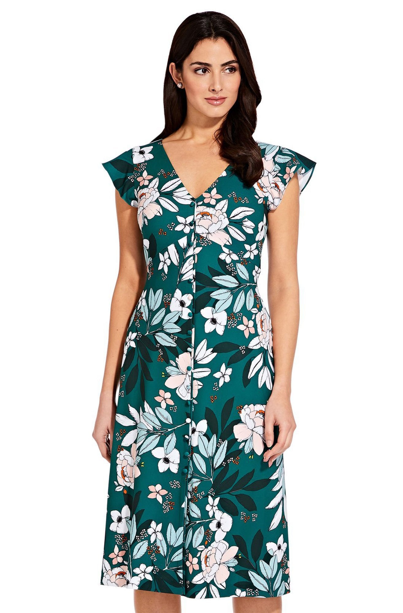 Adrianna Papell - AP1D103197 Floral Print Cap Sleeve V-neck Dress In Green and Multi-Color