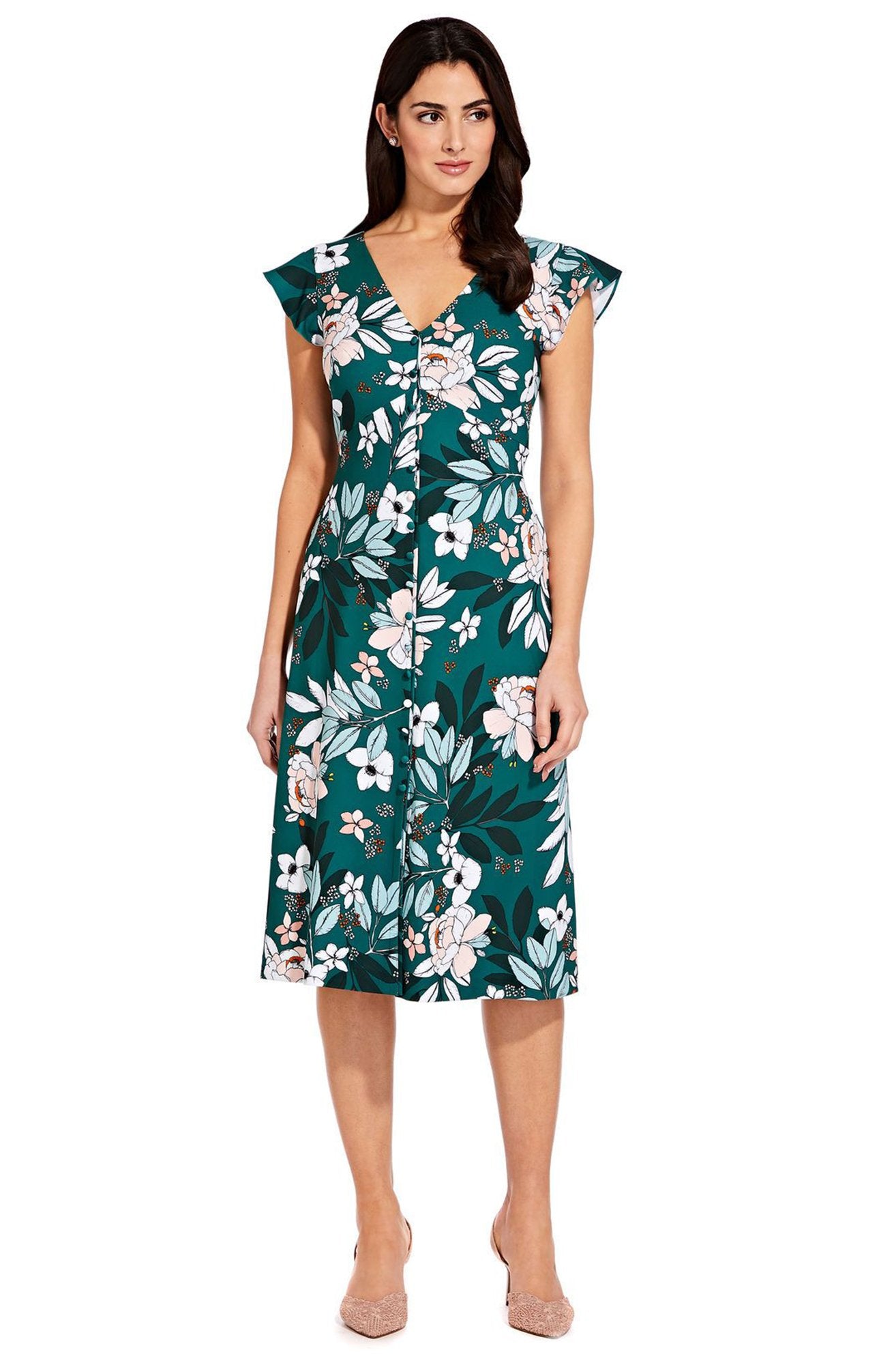 Adrianna Papell - AP1D103197 Floral Print Cap Sleeve V-neck Dress In Green and Multi-Color