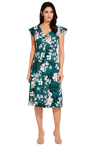 Adrianna Papell - AP1D103197 Floral Print Cap Sleeve V-neck Dress In Green and Multi-Color