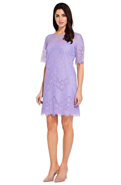 Adrianna Papell - AP1D103221 Floral Lace Bateau A-line Dress In Purple